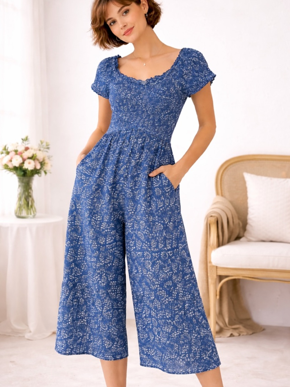 Patrons of Peace Blue Floral Smocked Short Sleeve, Wide-Leg Jumpsuit